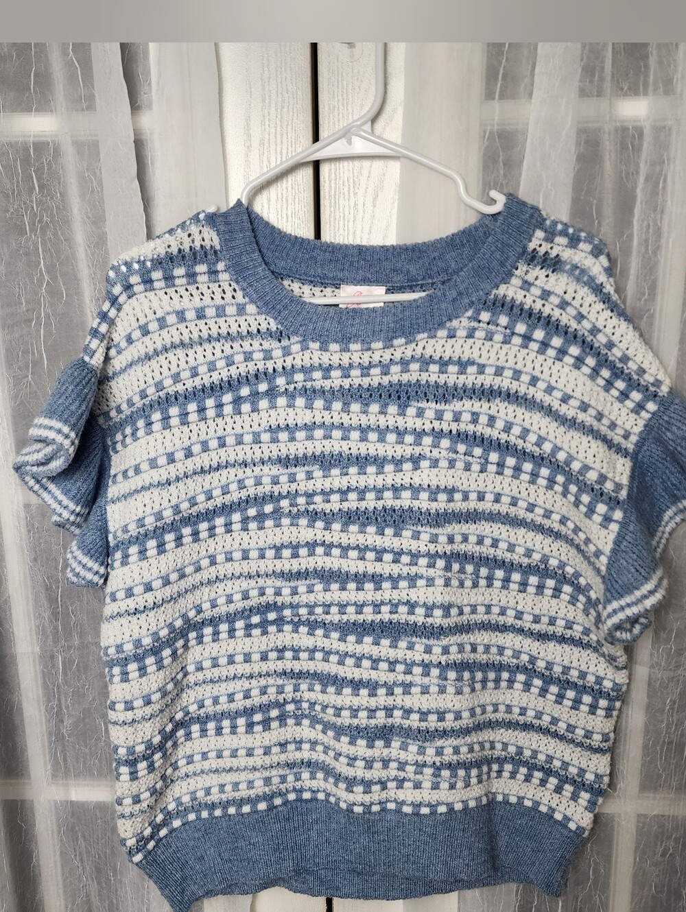 So Me Striped Textured Knit Sweater L Blue Ruffled Flutter Sleeve Cottagecore